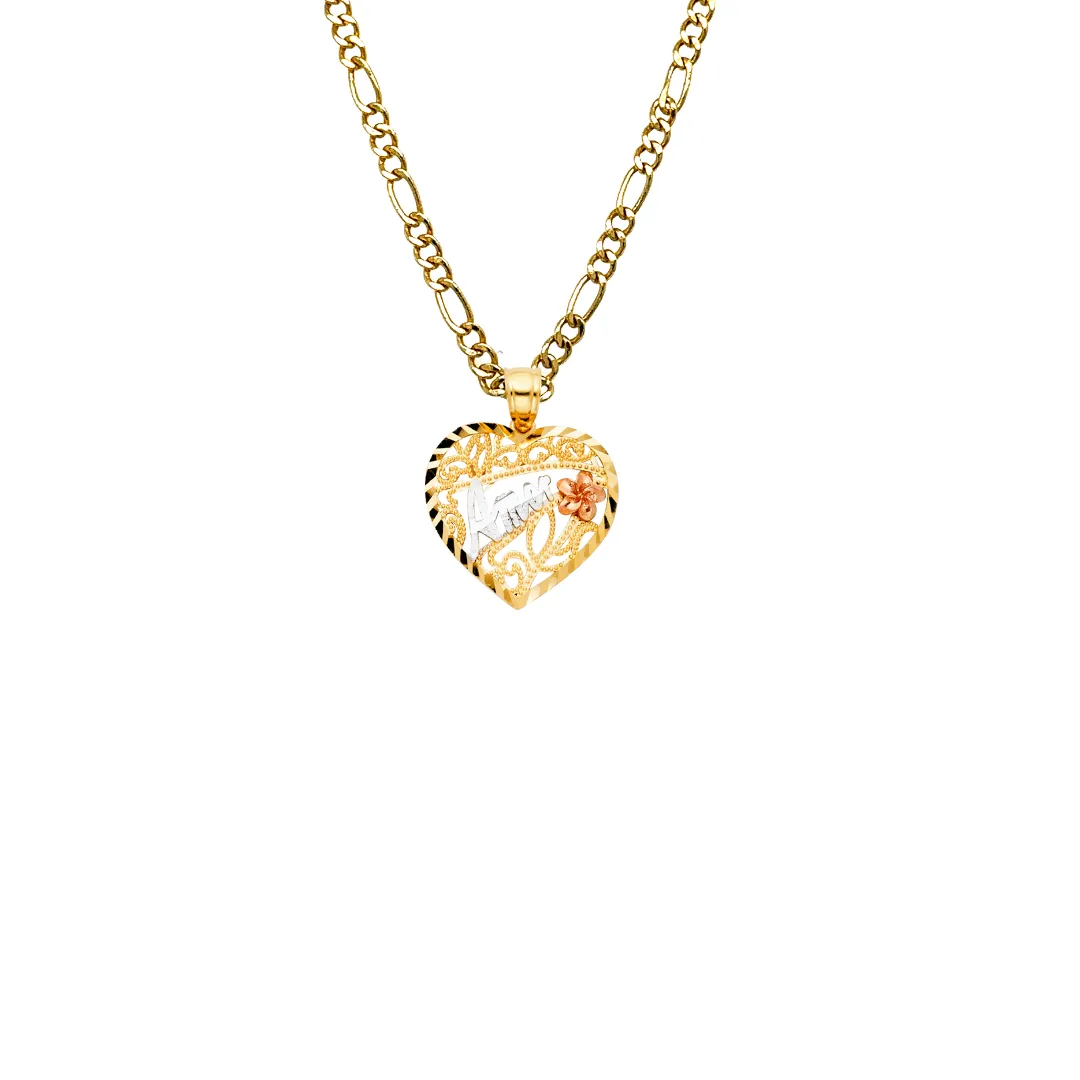 14k Amor Gold Heart Flower Pendant with Solid Chain - LE-1861