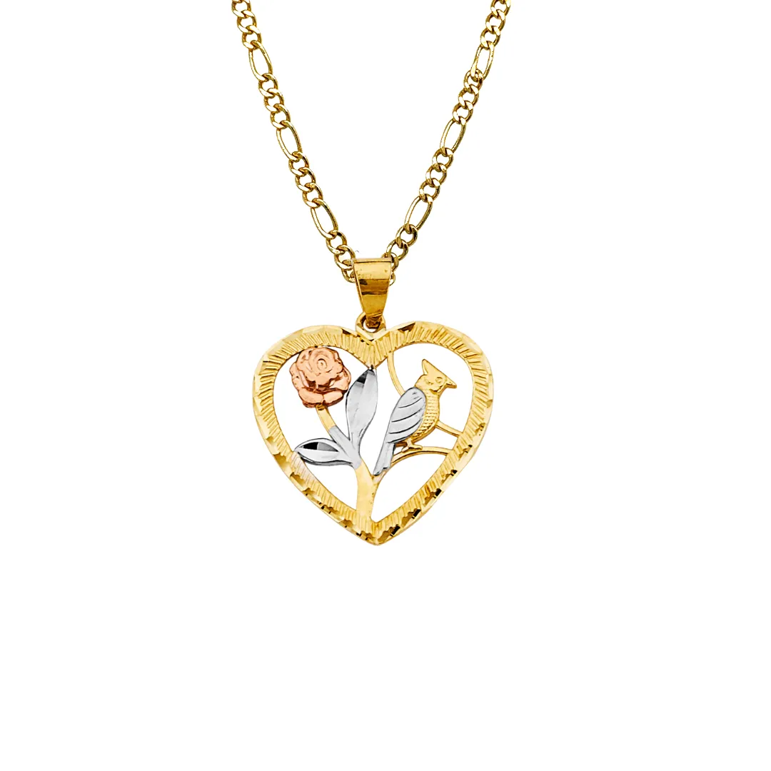 14k Bird and Flower Heart Tri Gold Pendant with Solid Chain - LE-2927