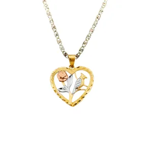 14k Bird and Flower Heart Tri Gold Pendant with Solid Chain - LE-2927