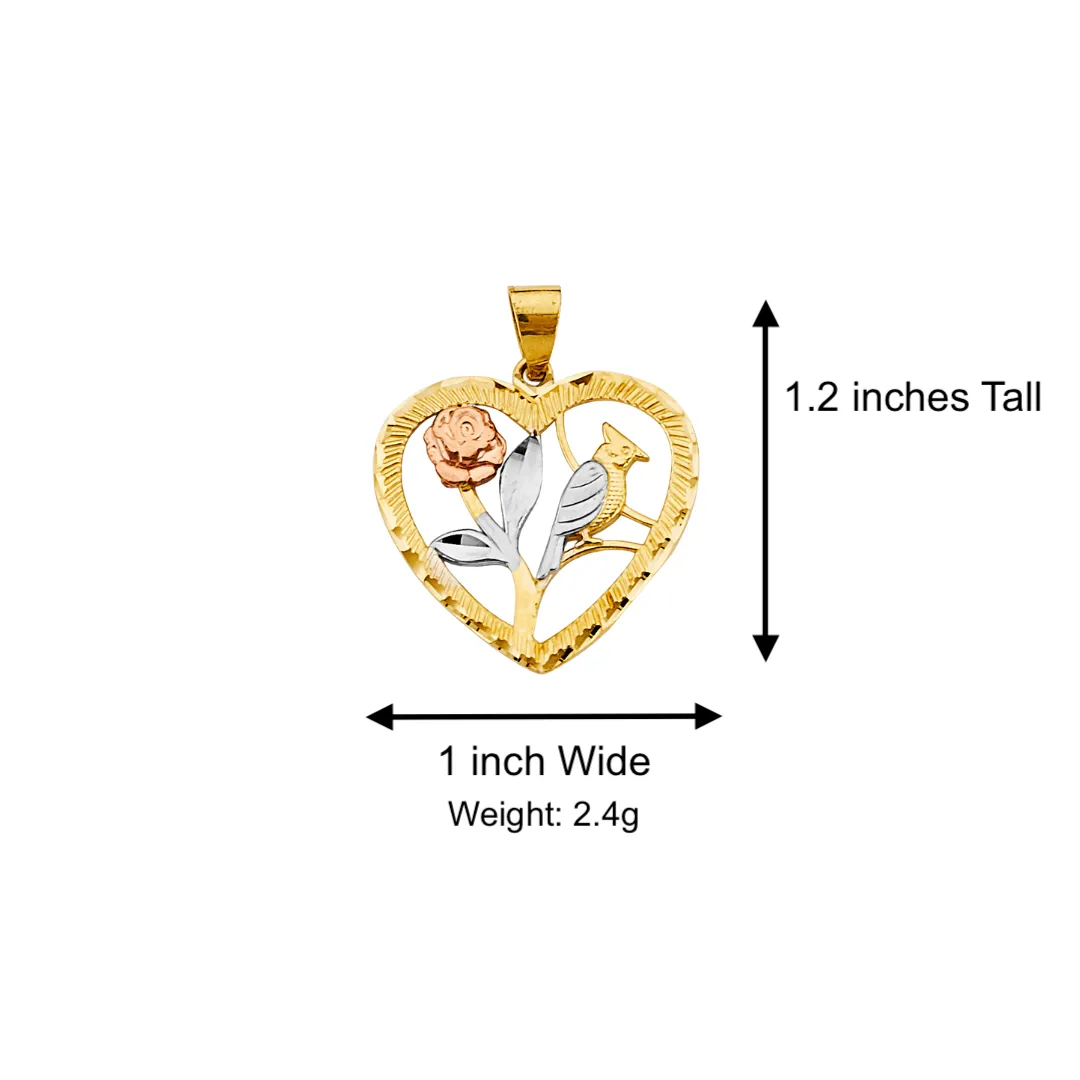 14k Bird and Flower Heart Tri Gold Pendant with Solid Chain - LE-2927