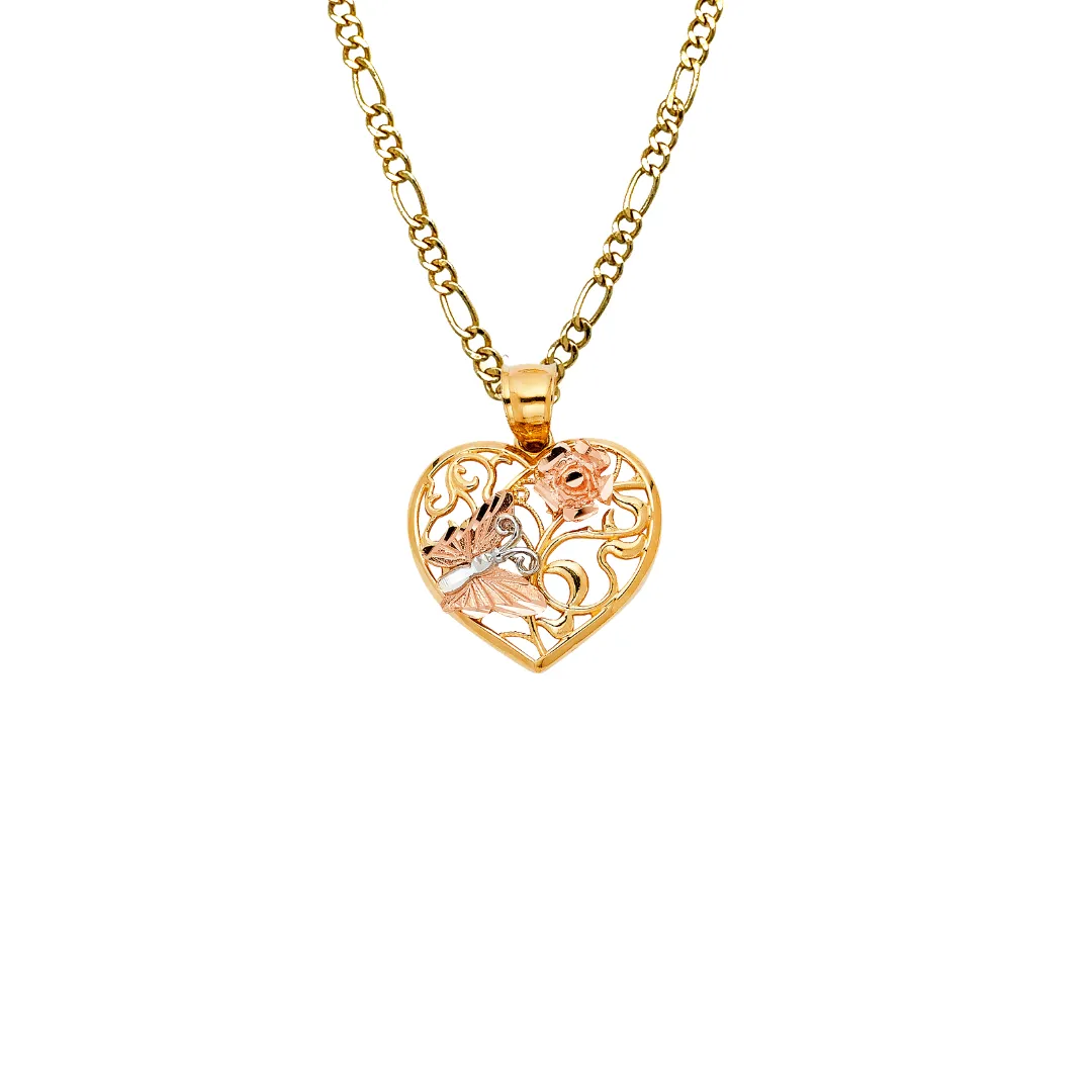 14k Butterfly Flower Heart Tri Gold Pendant with Solid Chain - LE-1942