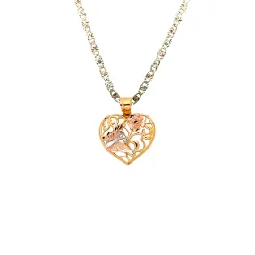 14k Butterfly Flower Heart Tri Gold Pendant with Solid Chain - LE-1942