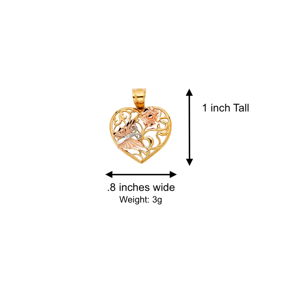 14k Butterfly Flower Heart Tri Gold Pendant with Solid Chain - LE-1942