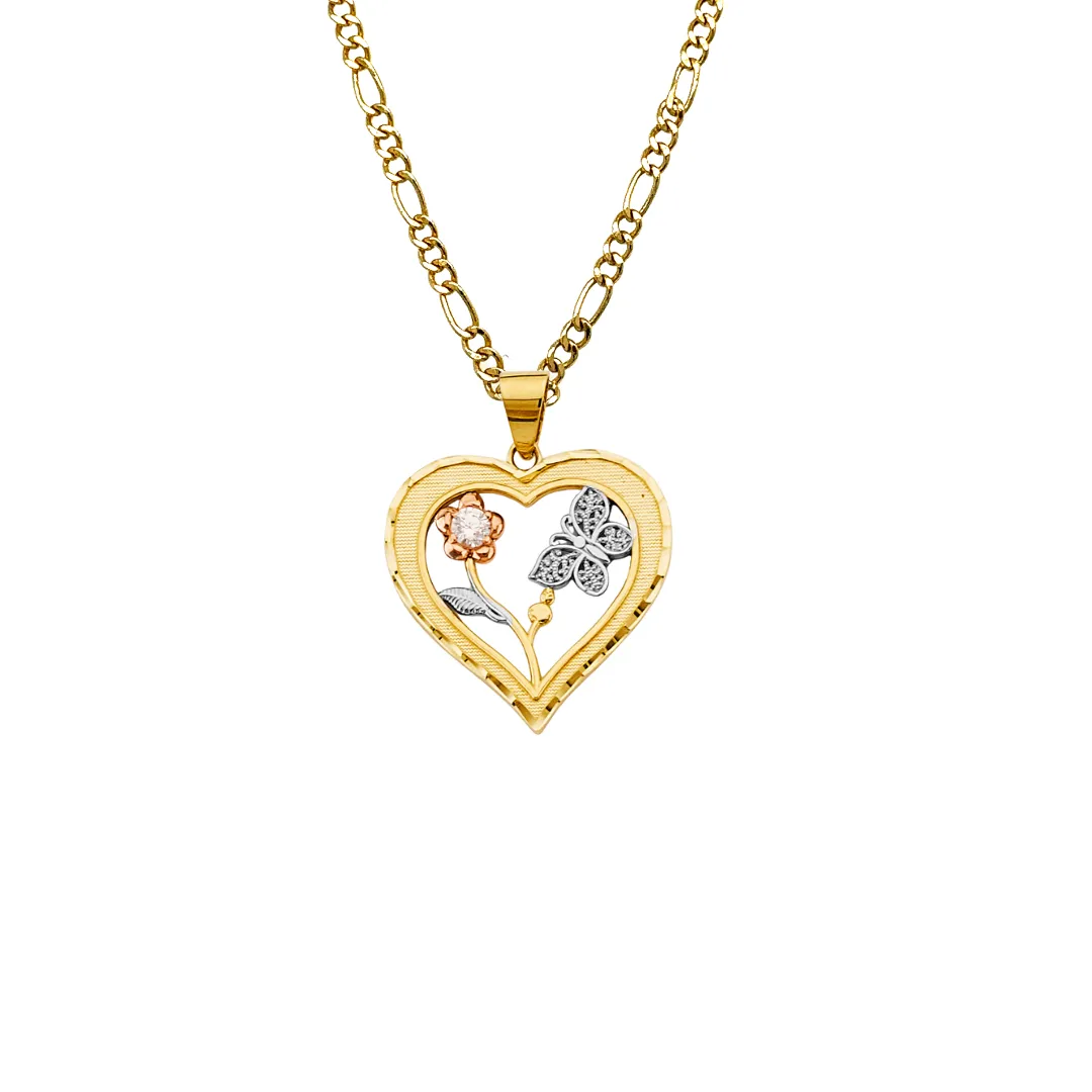 14k Butterfly Flower Heart Tri Gold Pendant with Solid Chain - LE-2926