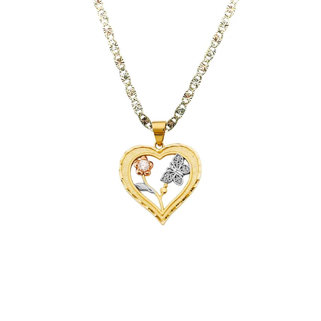 14k Butterfly Flower Heart Tri Gold Pendant with Solid Chain - LE-2926