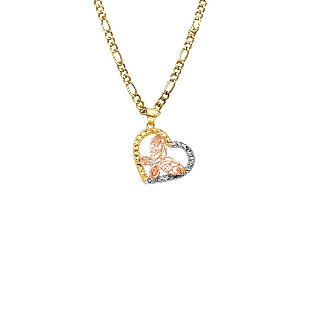 14k Butterfly Heart Tri Gold Pendant with Solid Chain - LE-2545