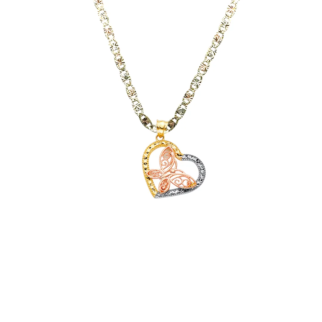 14k Butterfly Heart Tri Gold Pendant with Solid Chain - LE-2545