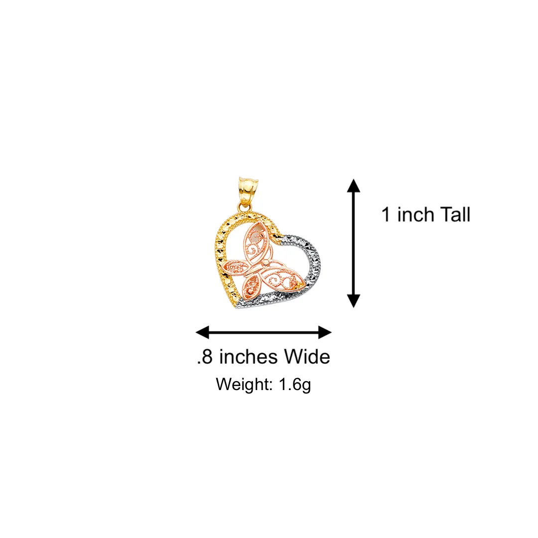 14k Butterfly Heart Tri Gold Pendant with Solid Chain - LE-2545