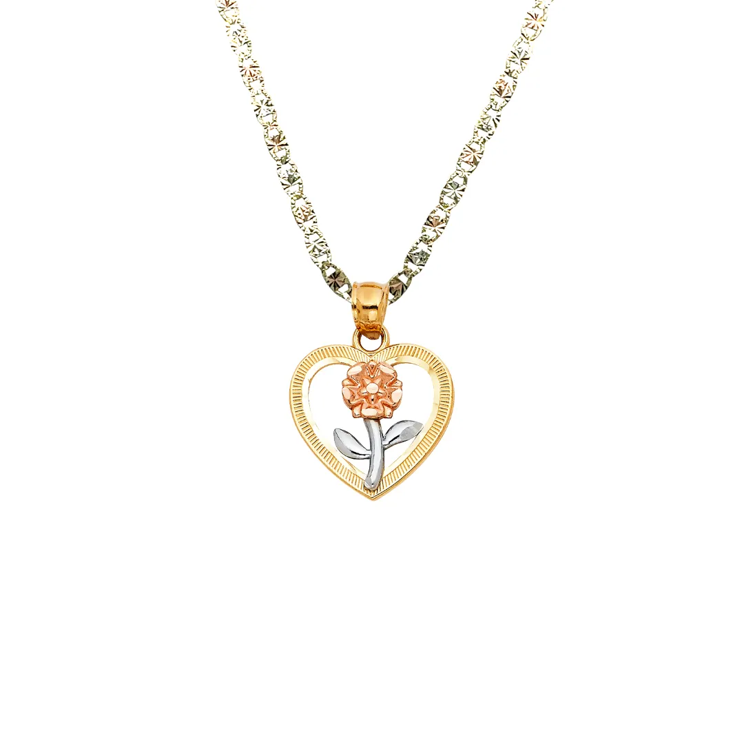 14k Flower Heart Gold Pendant with Solid Chain - LE-0394