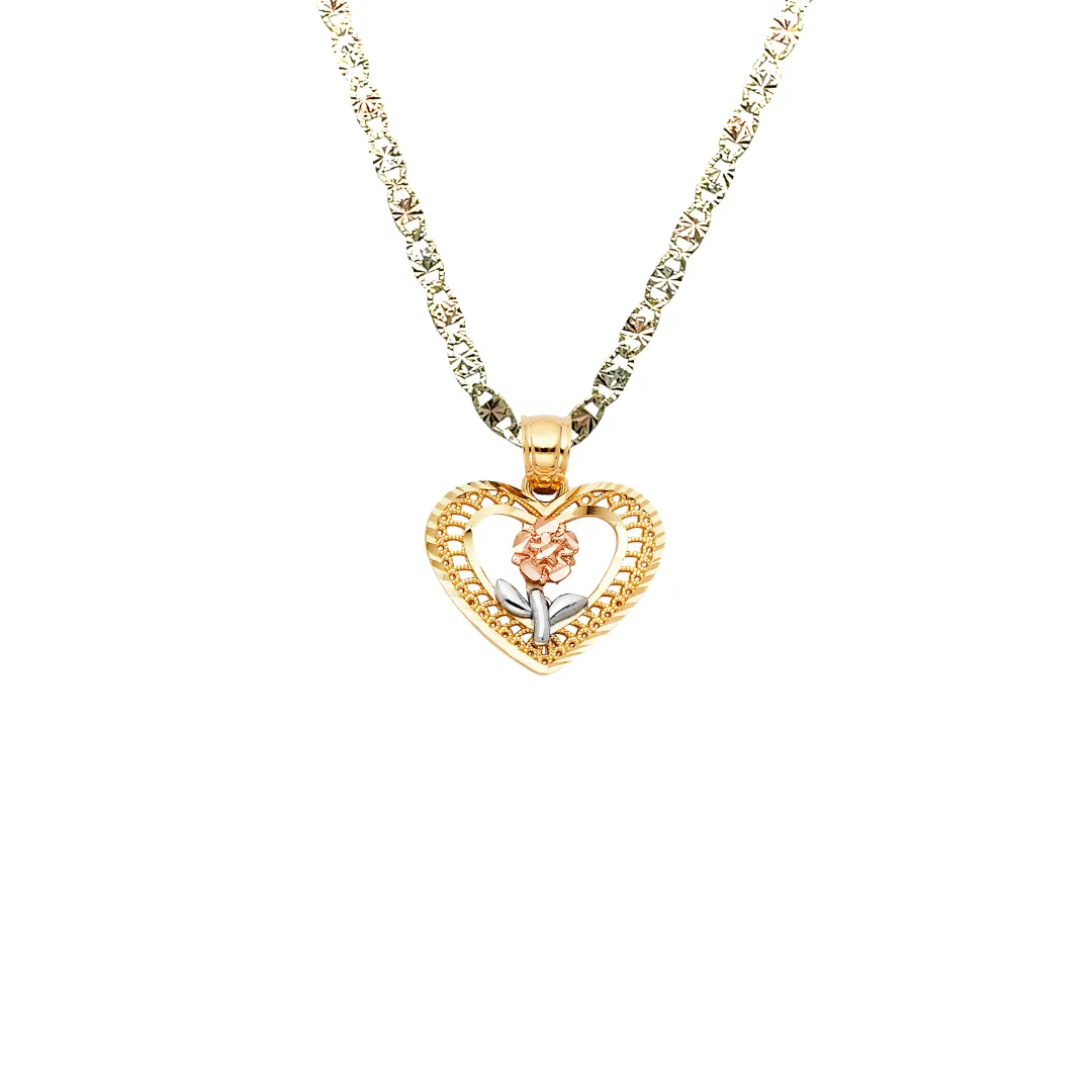14k Flower Heart Gold Pendant with Solid Chain - LE-0396