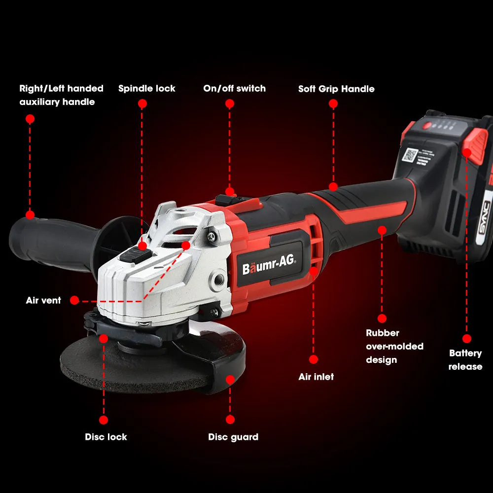 20V Cordless Angle Grinder 125mm 5 Discs Ergonomic Baumr-AG