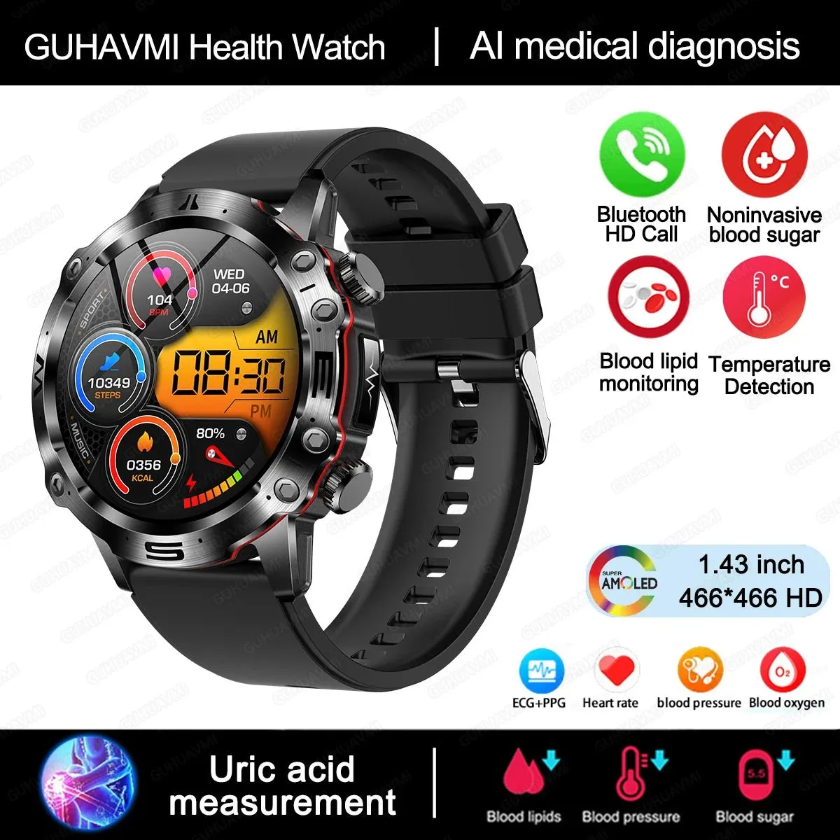 AI Medical Diagnosis Smart Watch Bluetooth Call Blood Sugar Blood