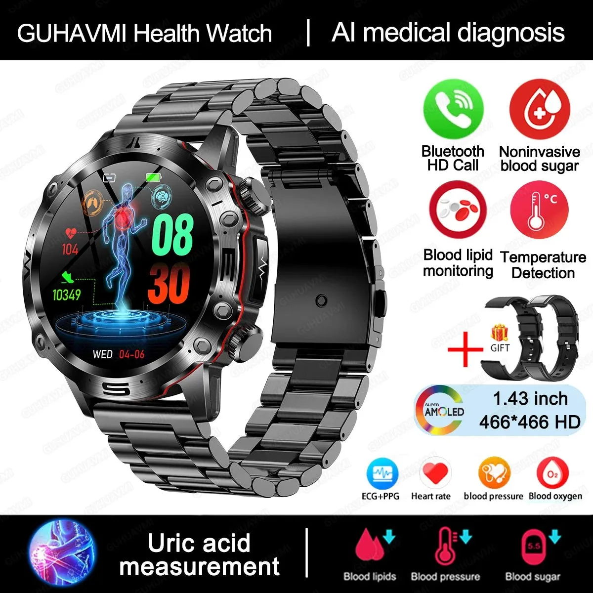 AI Medical Diagnosis Smart Watch Bluetooth Call Blood Sugar Blood