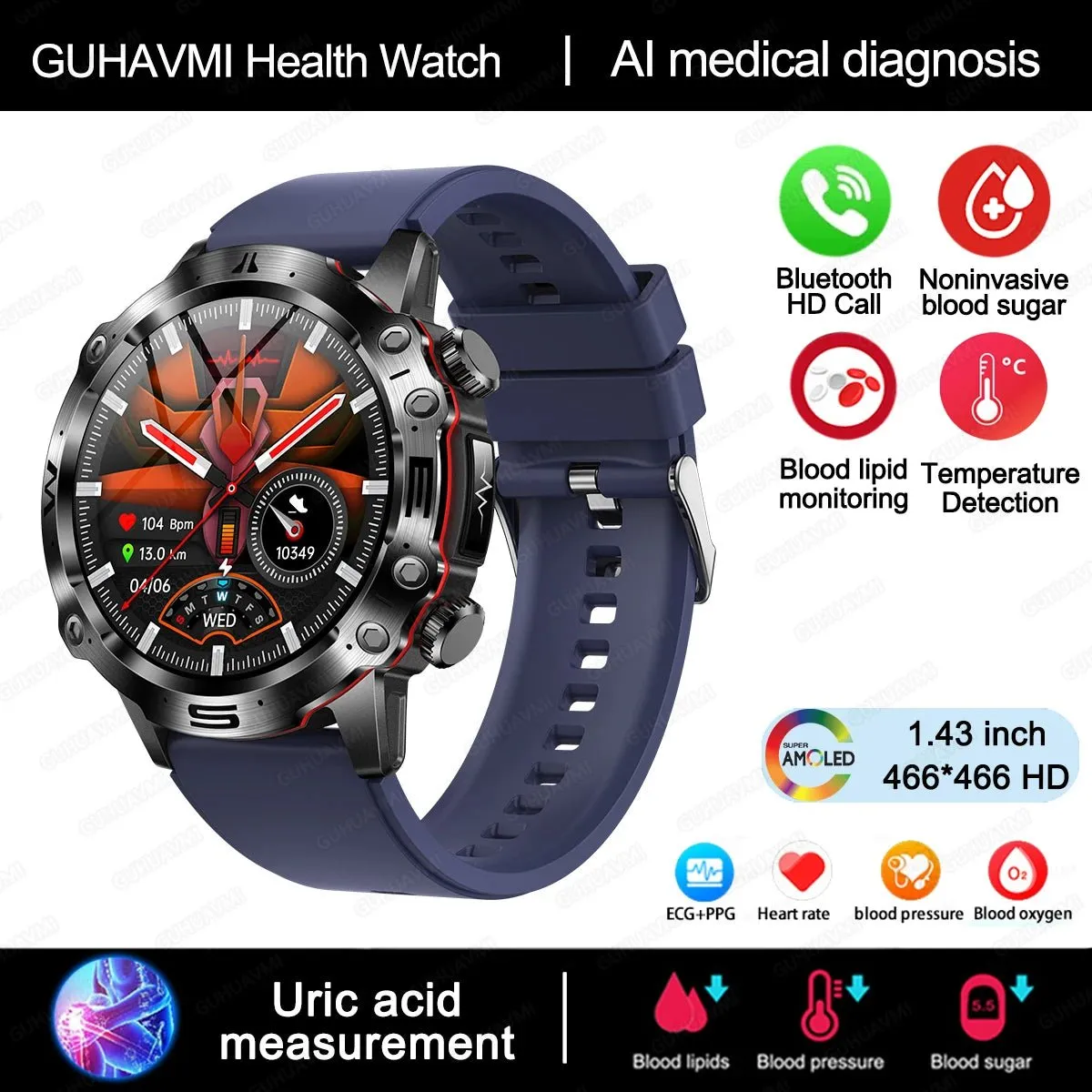 AI Medical Diagnosis Smart Watch Bluetooth Call Blood Sugar Blood