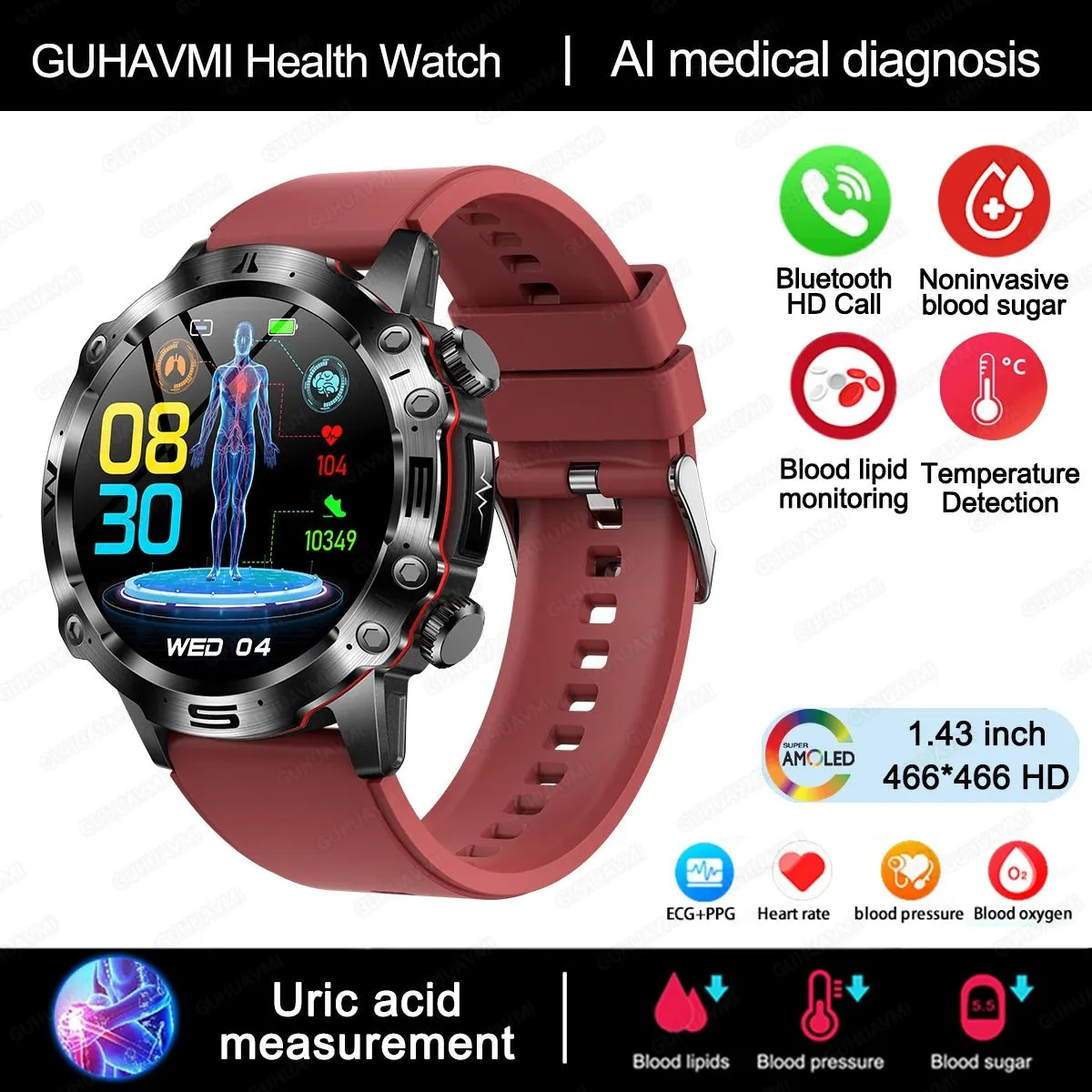 AI Medical Diagnosis Smart Watch Bluetooth Call Blood Sugar Blood