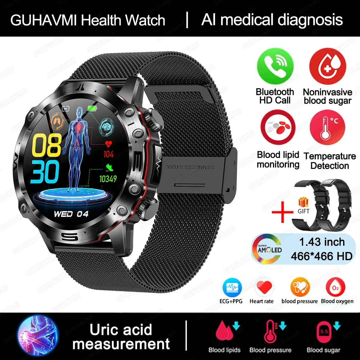AI Medical Diagnosis Smart Watch Bluetooth Call Blood Sugar Blood