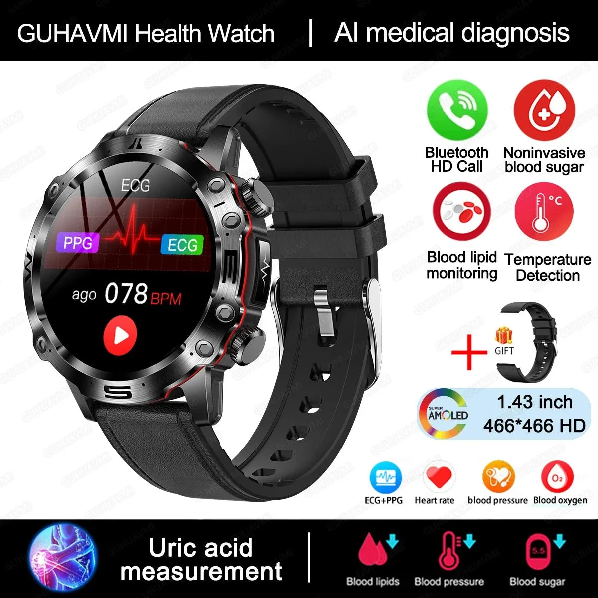 AI Medical Diagnosis Smart Watch Bluetooth Call Blood Sugar Blood