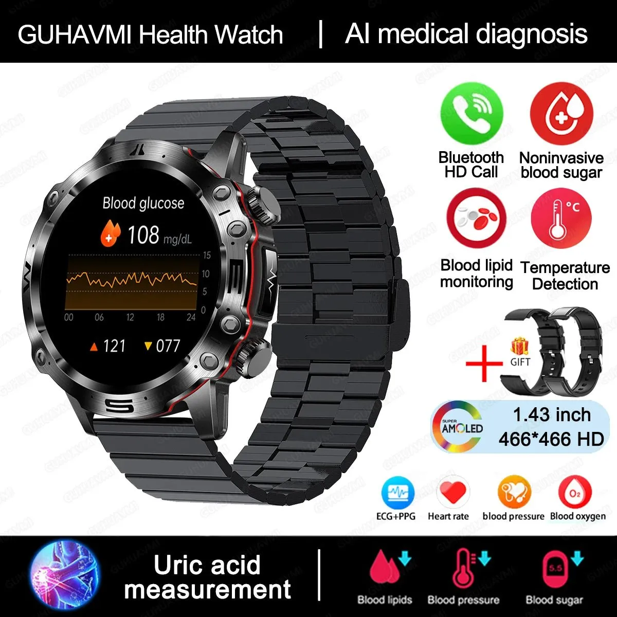 AI Medical Diagnosis Smart Watch Bluetooth Call Blood Sugar Blood