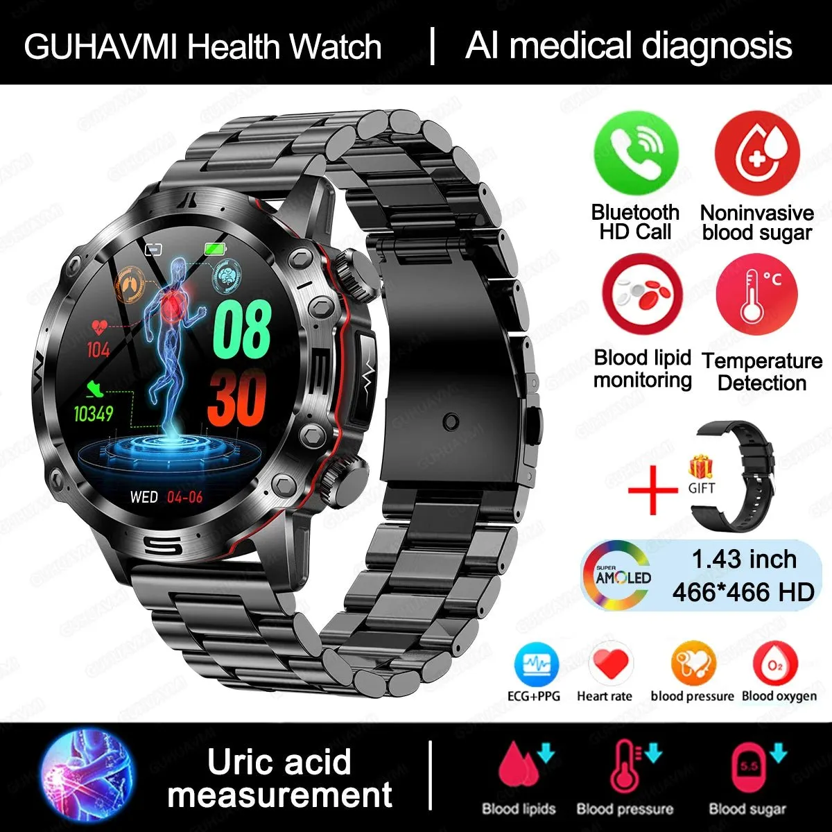 AI Medical Diagnosis Smart Watch Bluetooth Call Blood Sugar Blood