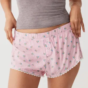 Back To School Joskaa Women's Y2K Kawaii Summer Floral Print Wide Leg Shorts Lace Trim Elastic Low Waist Sleep Bottoms with Button Decor