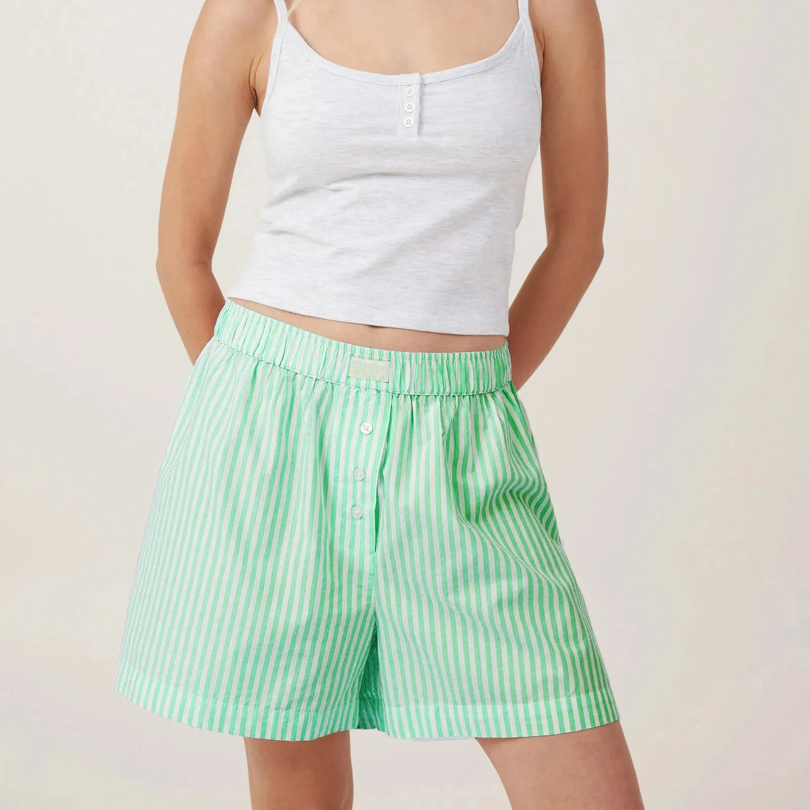 Back To School Joskaa Women's Y2K Retro Summer Stripe Print Shorts Elastic Waist Button Decor Loose Wide Leg Sleep Bottoms with Back Pocket