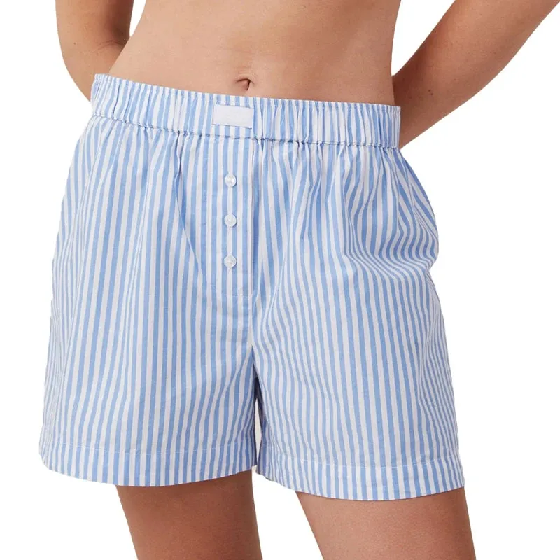 Back To School Joskaa Women's Y2K Retro Summer Stripe Print Shorts Elastic Waist Button Decor Loose Wide Leg Sleep Bottoms with Back Pocket