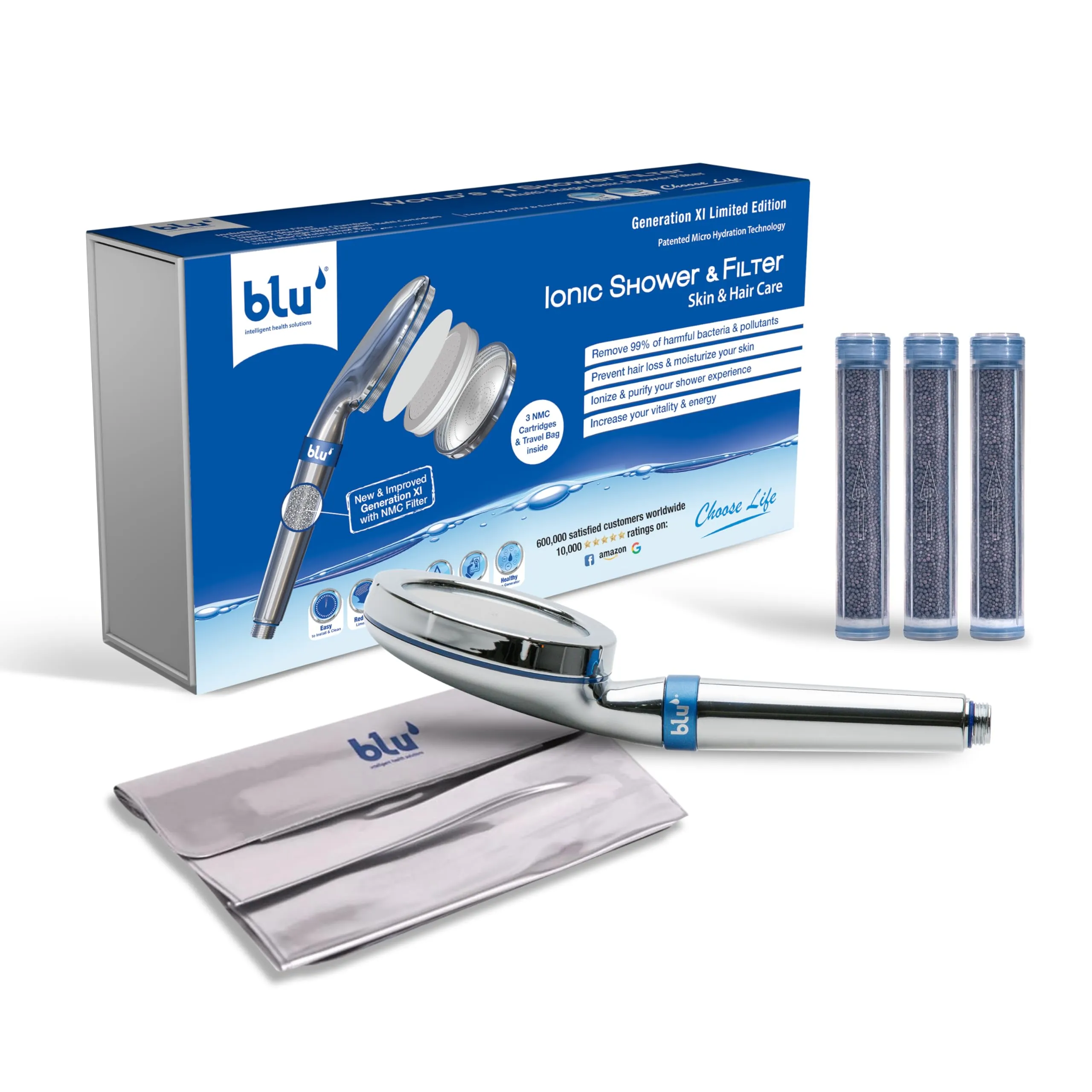 blu Ionic Shower Head and Shower Filter - Handheld - Removes Chlorine & Harmful Pollutants - Prevent Hair Loss & Moisturize Your Skin, Chrome