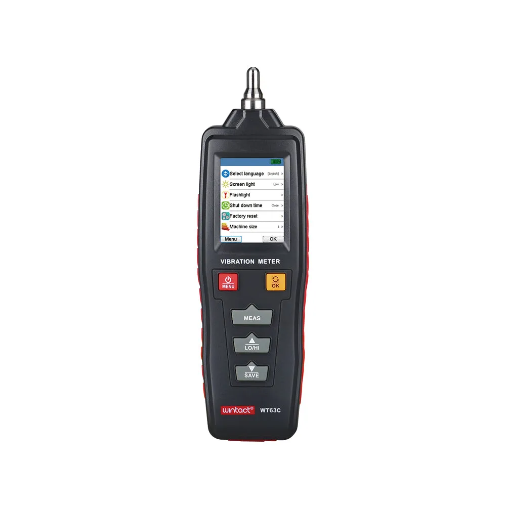 [CLEARANCE] Wintact by Benetech WT63C Digital Vibration Meter (Battery Included) with 1KHz ~ 4KHz (HI) / 10KHz ~ 1KHz (LO) Frequency Acceleration, Data Logging, Colored LCD Display, Flashlight