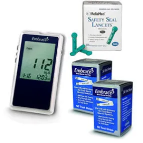 Embrace Blood Glucose Monitoring System Combo (Meter Kit, Test Strips 100ct and Reliamed Safety Seal Lancets 100ct)