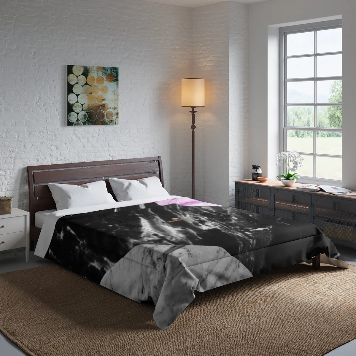 Gray Marble Comforter, Pink Marble Print Comforter For King/Queen/Full/Twin-Made in USA