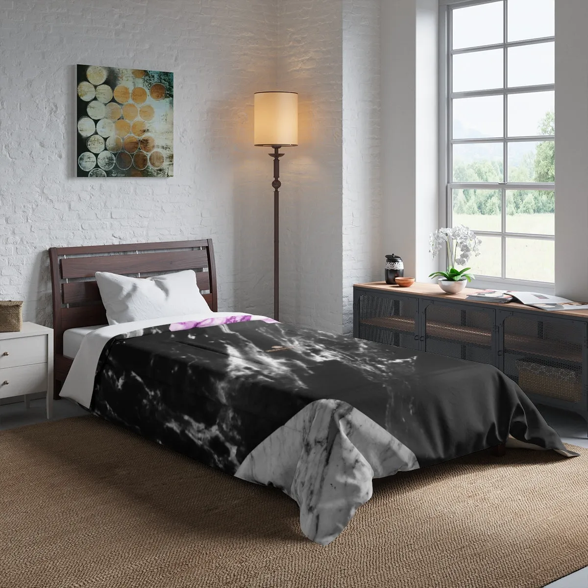 Gray Marble Comforter, Pink Marble Print Comforter For King/Queen/Full/Twin-Made in USA