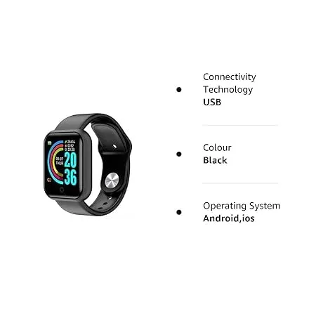 m i Smart Watch for Men & Women - D20/Y68 Latest Bluetooth Phone Watch 1.3" LED with Daily Activity Tracker, Heart Rate Sensor, BP Monitor, Sports Watch - Black (Charger Not Included)