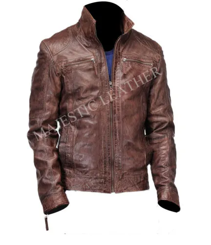 Men's Cafe Racer Biker Vintage Antique Brown Real Leather Jacket