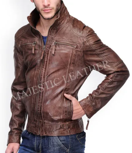Men's Cafe Racer Biker Vintage Antique Brown Real Leather Jacket