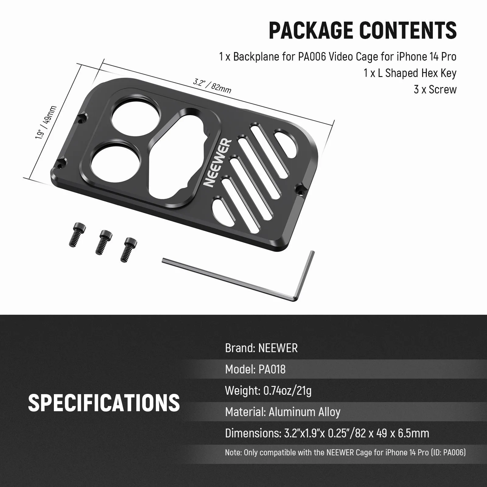 NEEWER PA018 Lens Backplate For iPhone 14 Pro Phone Cage