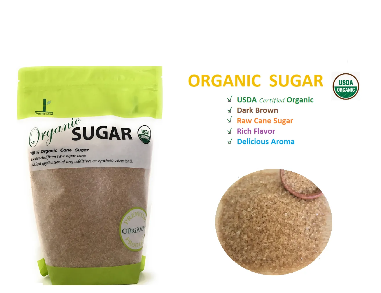 Organic Sugar USDA Certified 100% Organic Cane Sugar, Light Brown, 2 lbs