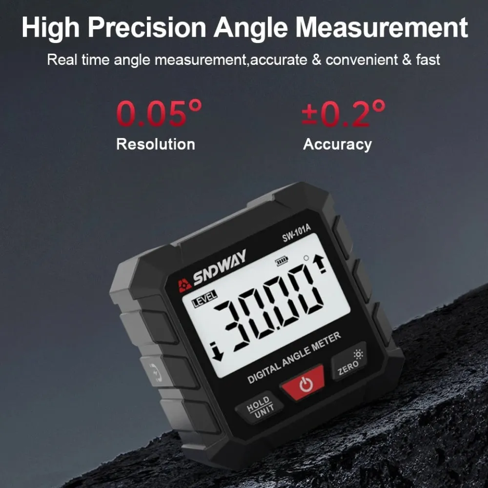 SNDWAY Digital Angle Magnetic Clinometer with 4 Directions 90-Degree Measurement Range, Full View LCD Display, Automatic Screen Rotation, and Built in Rechargeable Lithium Battery for Industrial & Home Improvements | SW-101A