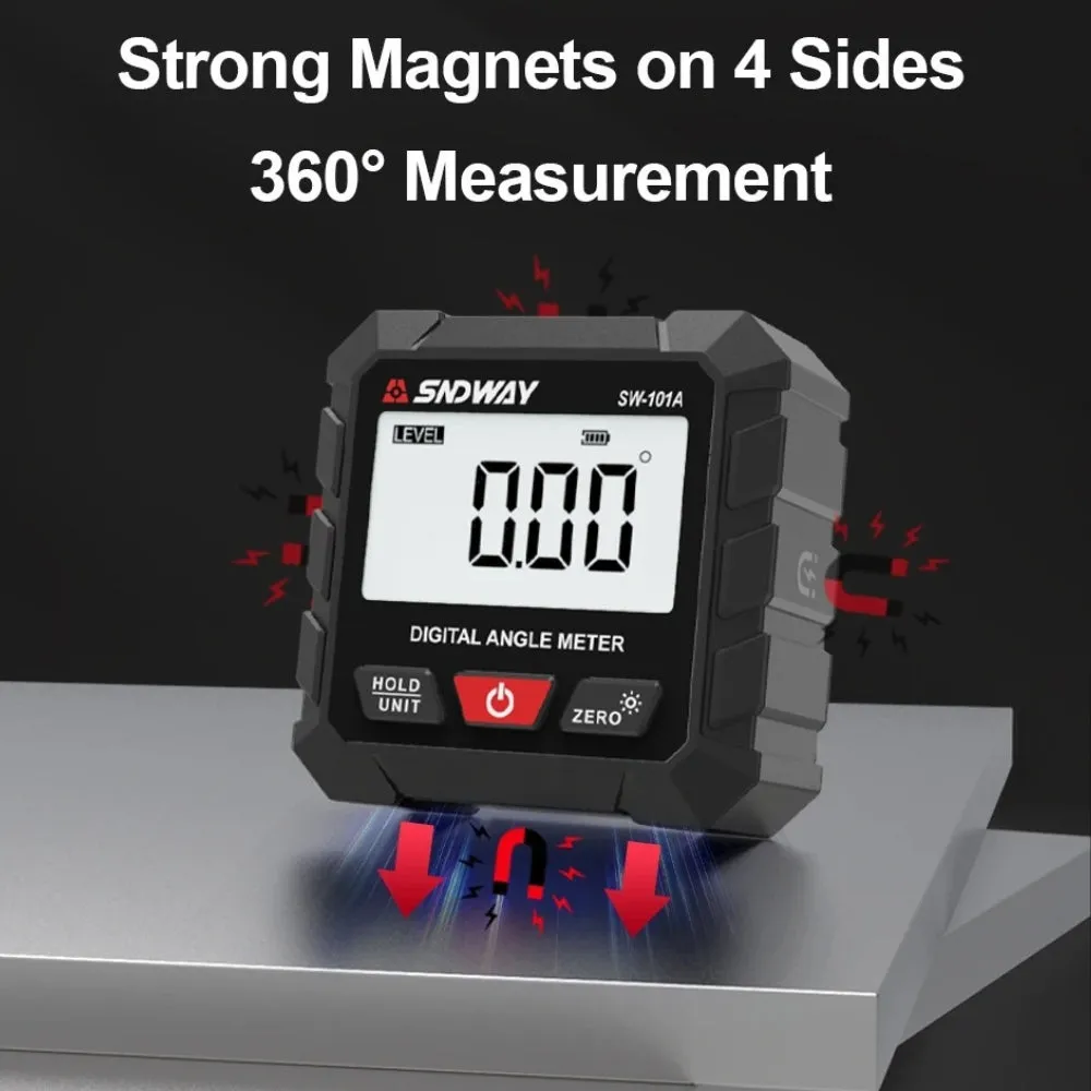 SNDWAY Digital Angle Magnetic Clinometer with 4 Directions 90-Degree Measurement Range, Full View LCD Display, Automatic Screen Rotation, and Built in Rechargeable Lithium Battery for Industrial & Home Improvements | SW-101A