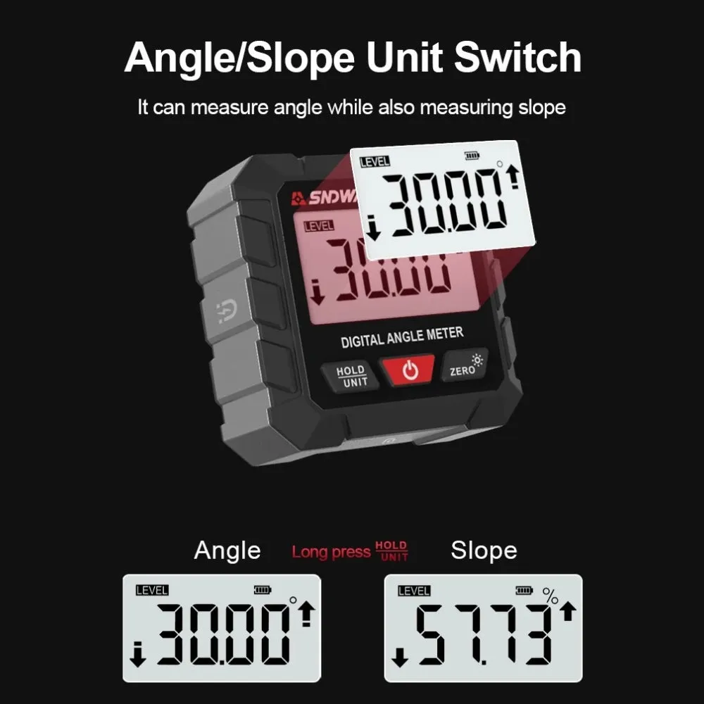 SNDWAY Digital Angle Magnetic Clinometer with 4 Directions 90-Degree Measurement Range, Full View LCD Display, Automatic Screen Rotation, and Built in Rechargeable Lithium Battery for Industrial & Home Improvements | SW-101A