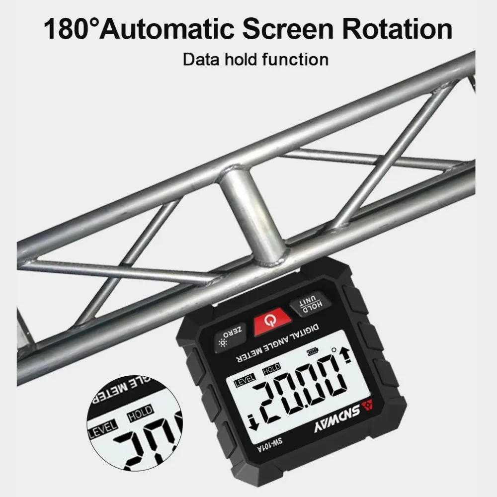 SNDWAY Digital Angle Magnetic Clinometer with 4 Directions 90-Degree Measurement Range, Full View LCD Display, Automatic Screen Rotation, and Built in Rechargeable Lithium Battery for Industrial & Home Improvements | SW-101A