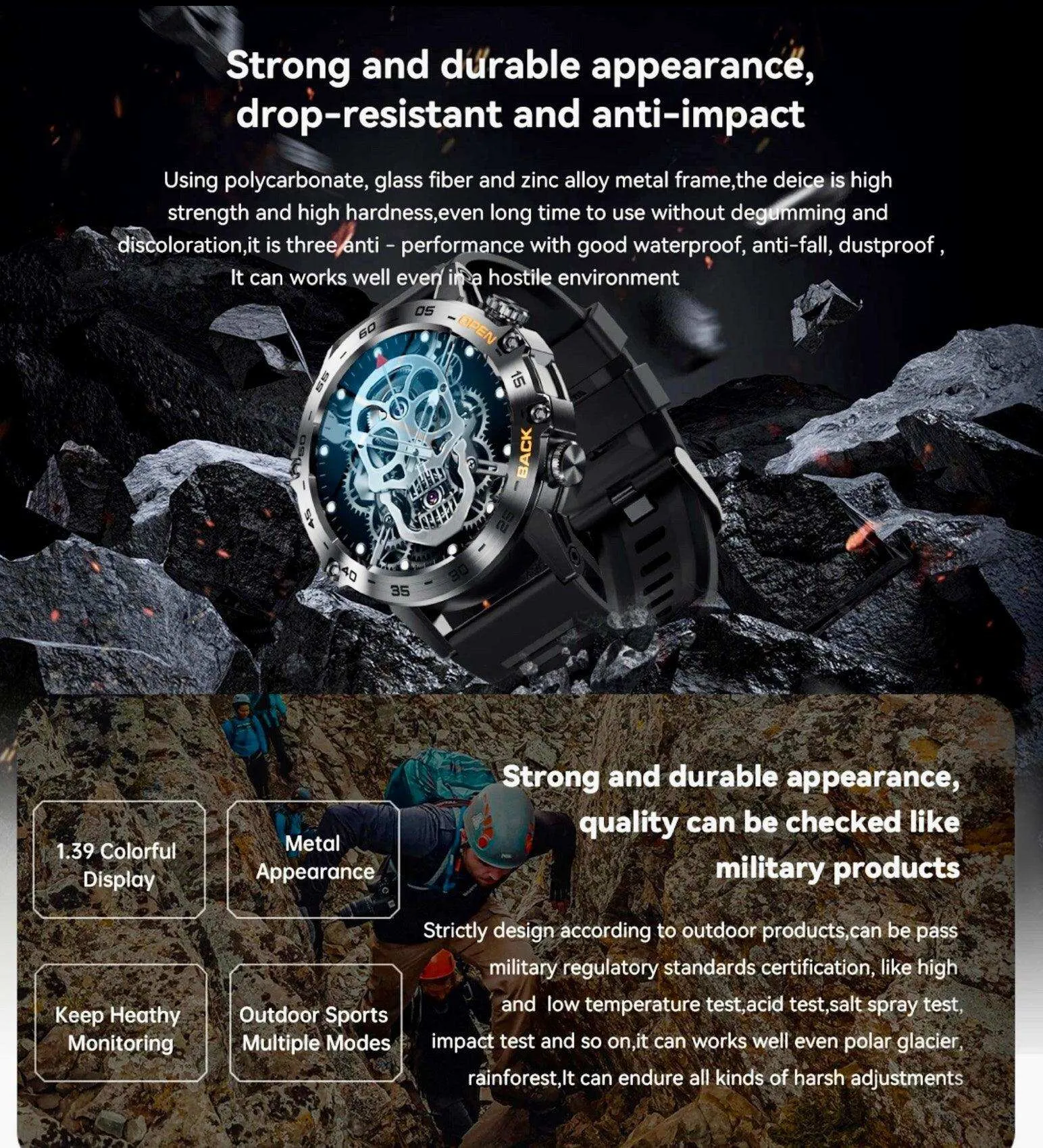 TUTT K52 LIGE Metal Case | Military Rugged Smart Watch, 1.39'' HD IP67 Tactical SmartWatch for Men with BT Call Pedometer with 21 Sport Modes Smartwatch 2 Straps (Rubber Metal)