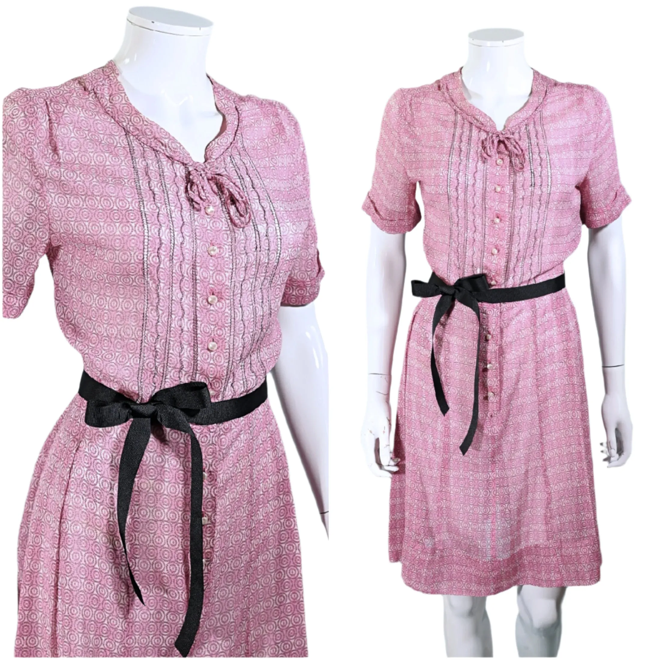 Vintage 40s Pink Sheer Print Dress Pearl Buttons, 27 In Waist