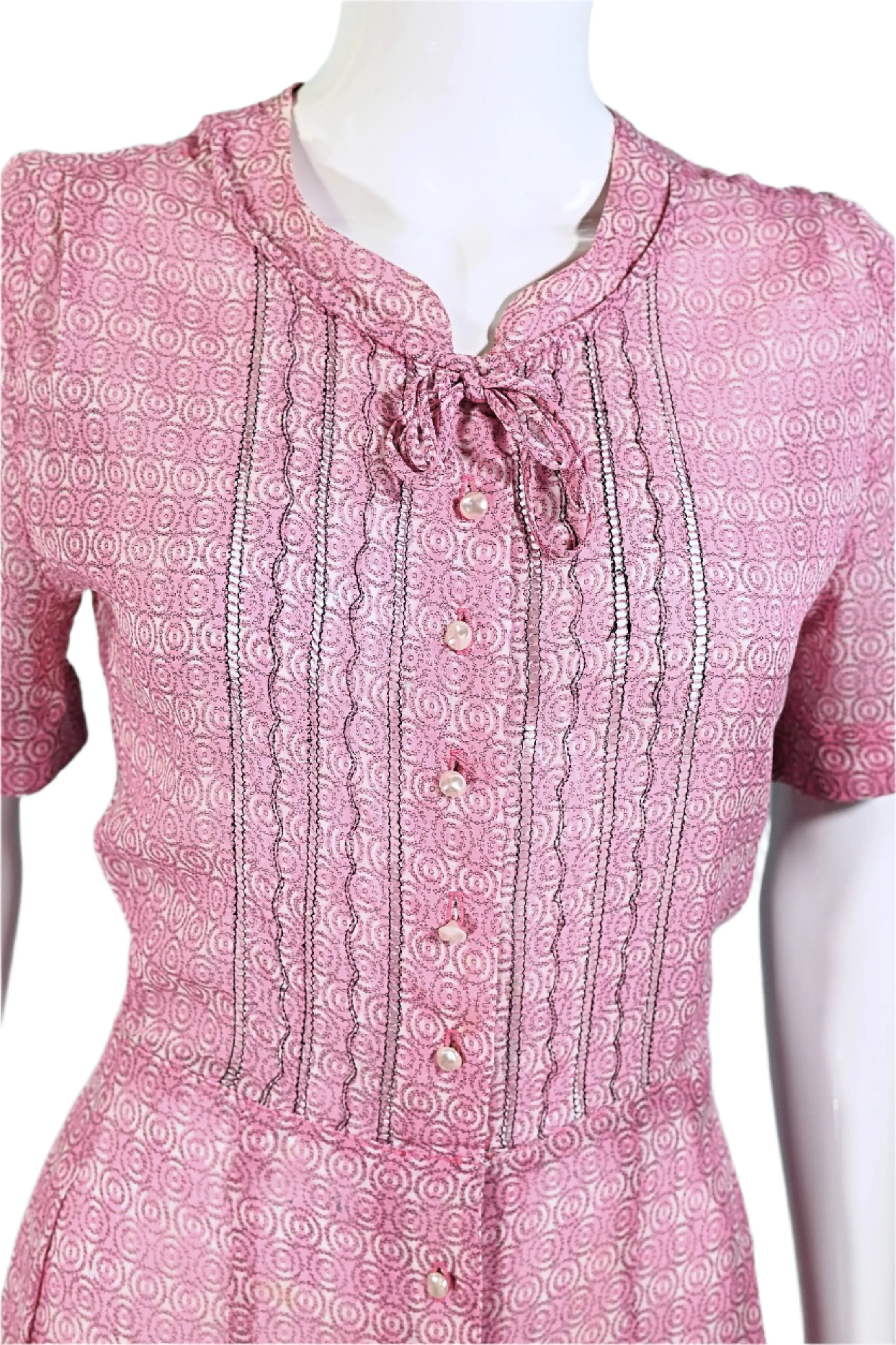 Vintage 40s Pink Sheer Print Dress Pearl Buttons, 27 In Waist