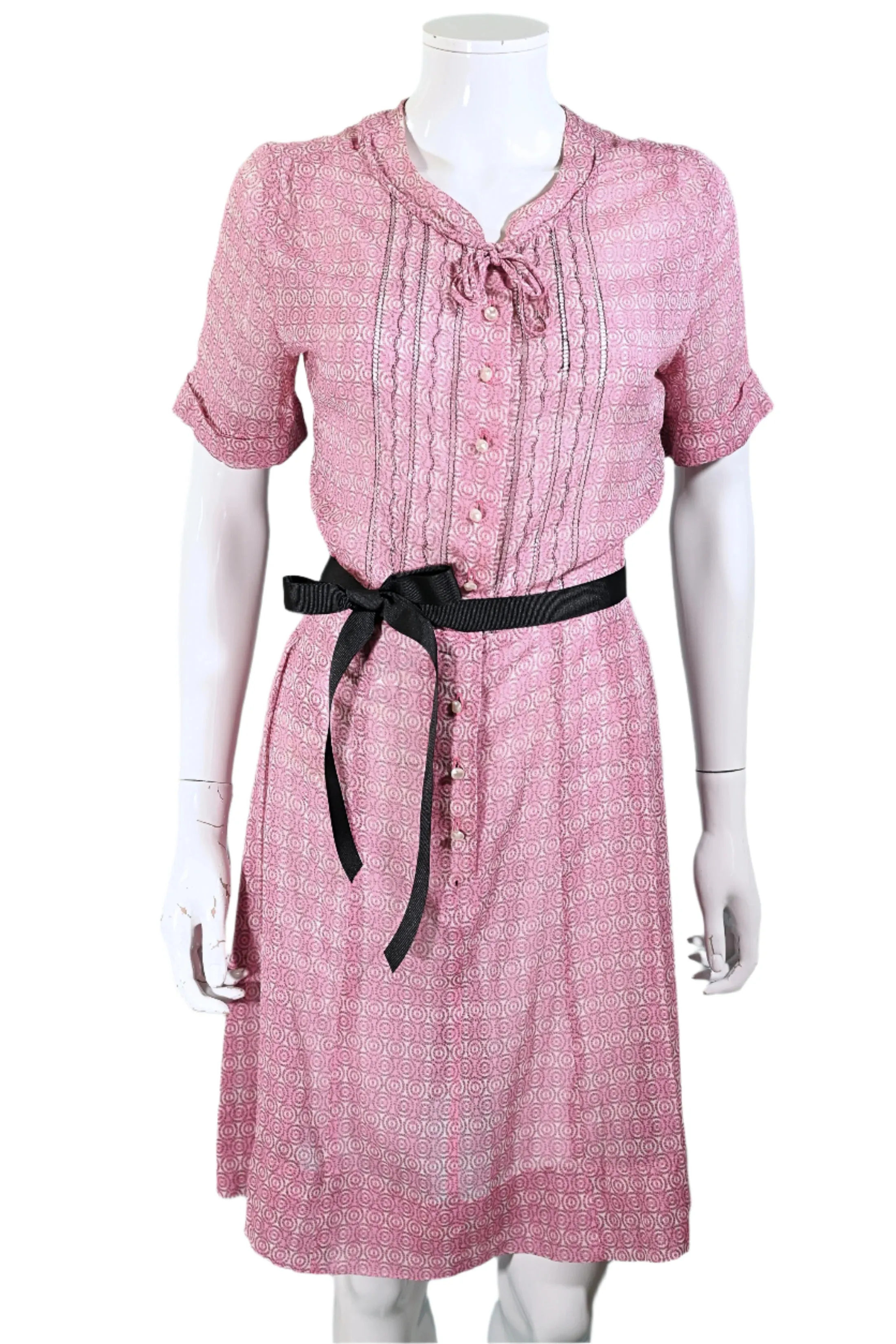 Vintage 40s Pink Sheer Print Dress Pearl Buttons, 27 In Waist