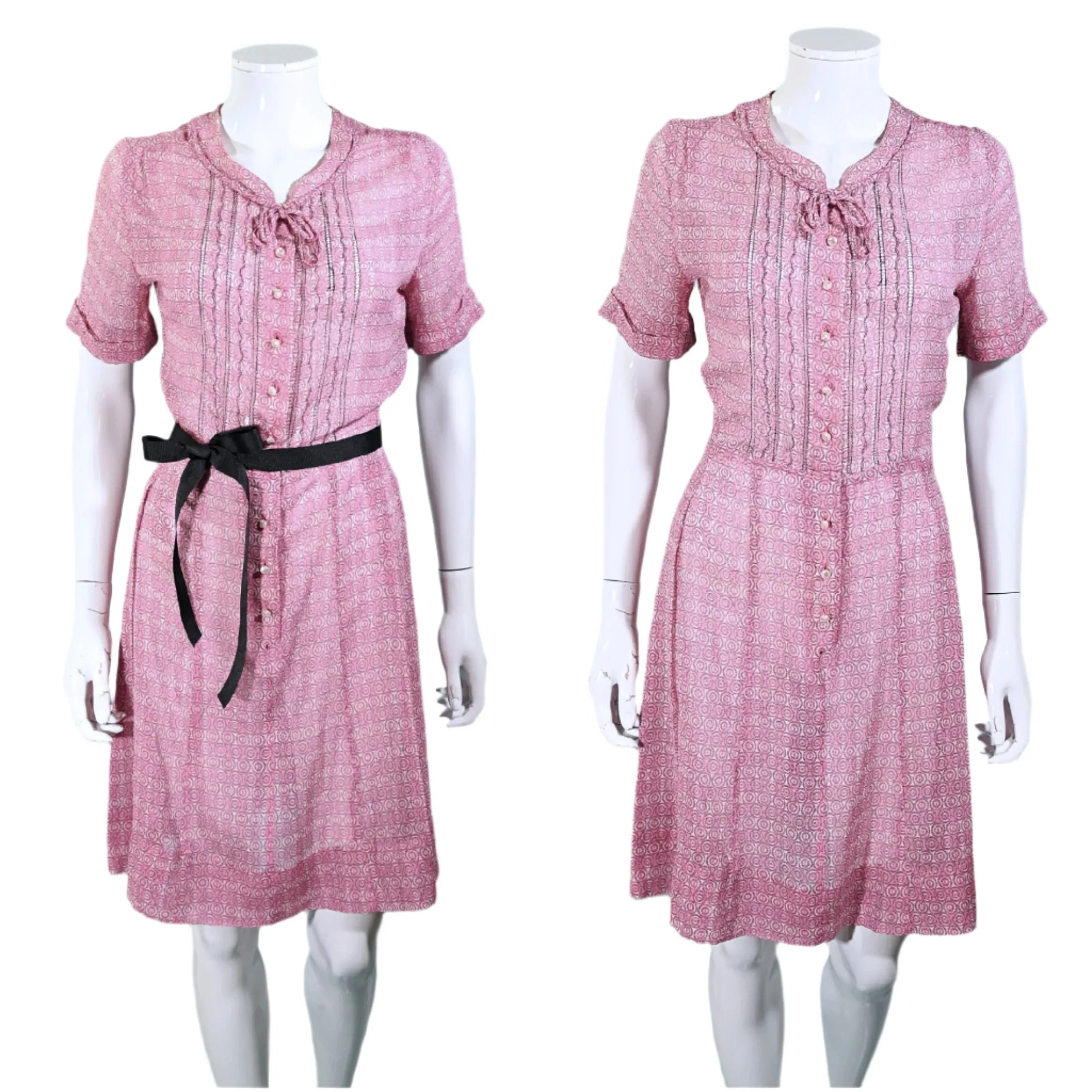 Vintage 40s Pink Sheer Print Dress Pearl Buttons, 27 In Waist