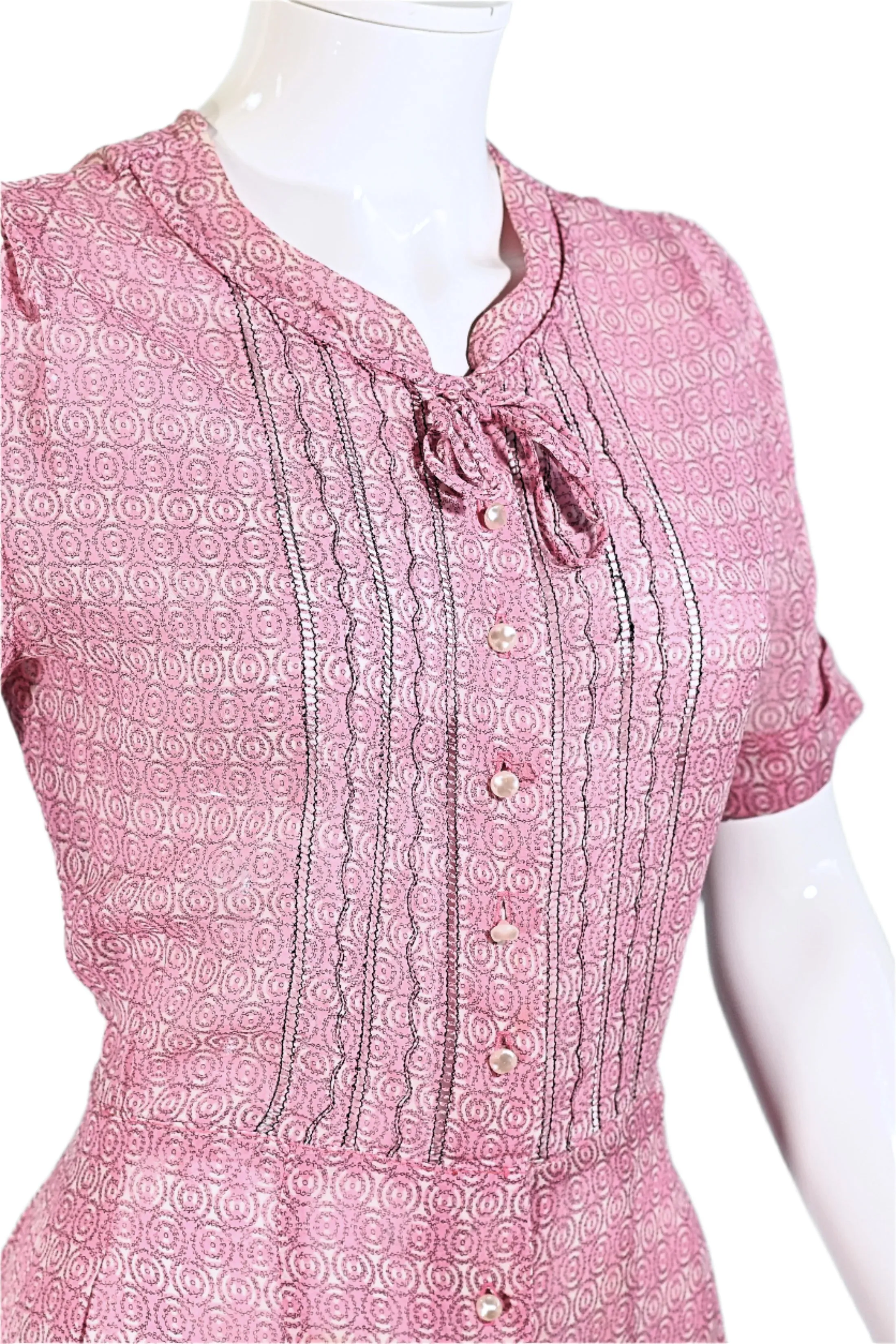 Vintage 40s Pink Sheer Print Dress Pearl Buttons, 27 In Waist