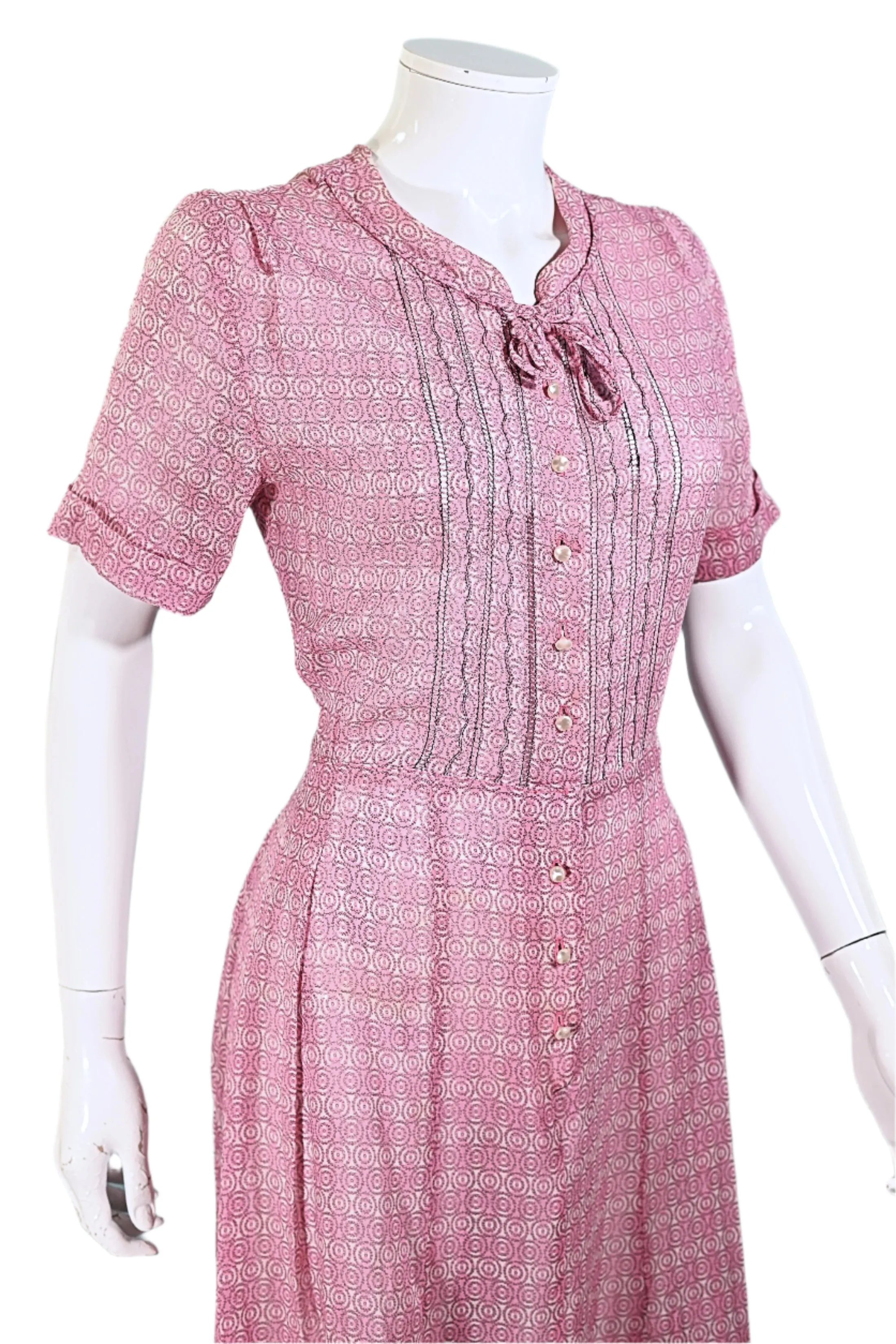 Vintage 40s Pink Sheer Print Dress Pearl Buttons, 27 In Waist