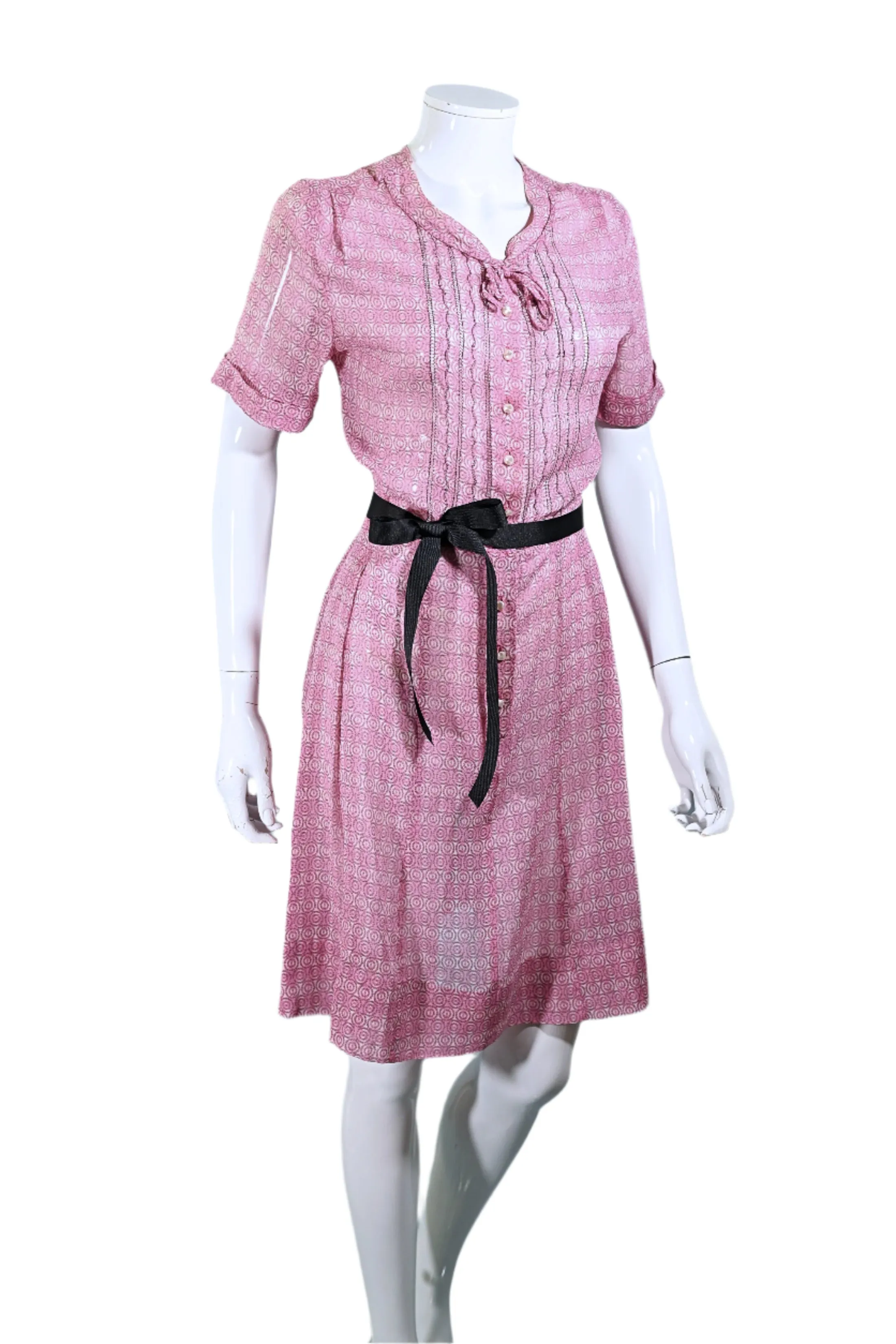 Vintage 40s Pink Sheer Print Dress Pearl Buttons, 27 In Waist