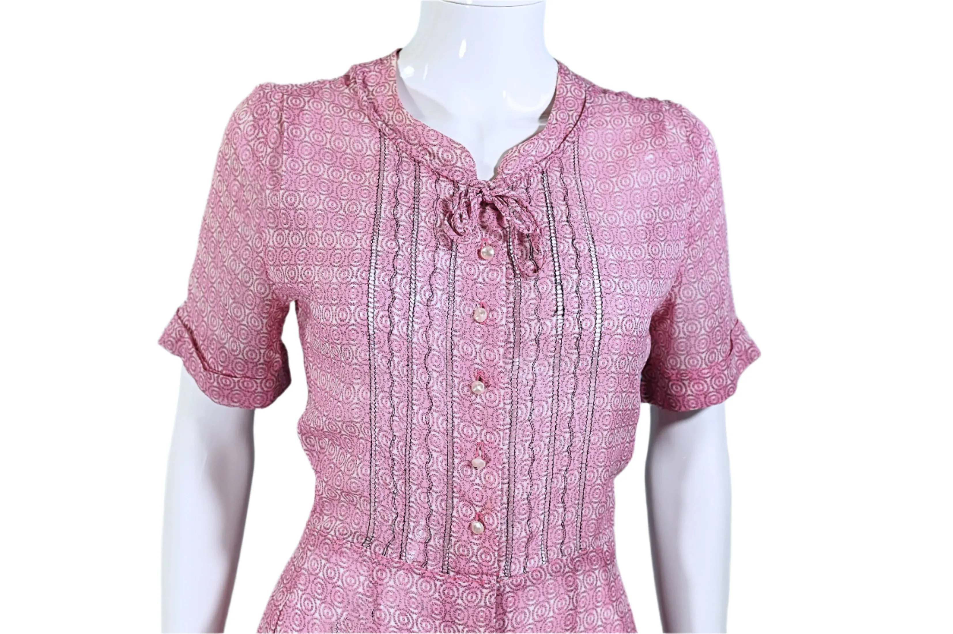 Vintage 40s Pink Sheer Print Dress Pearl Buttons, 27 In Waist