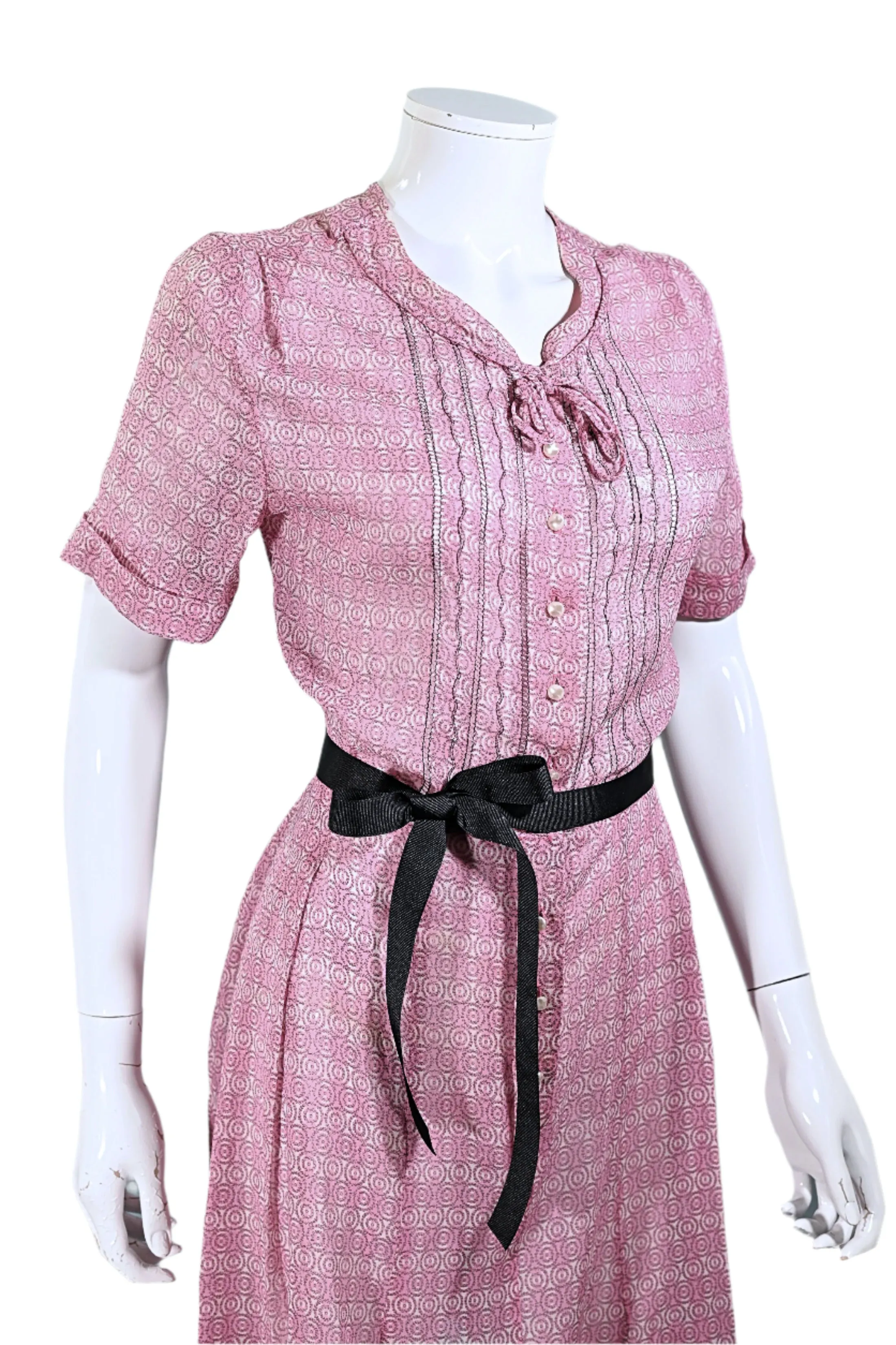 Vintage 40s Pink Sheer Print Dress Pearl Buttons, 27 In Waist